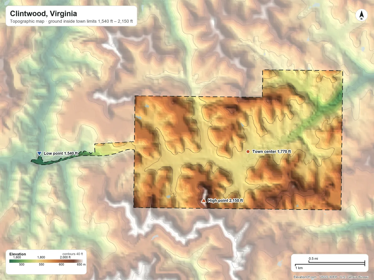 Topographic elevation map of Clintwood, Virginia, shaded from 1,540 ft on the west side to 2,150 ft on the southwest side