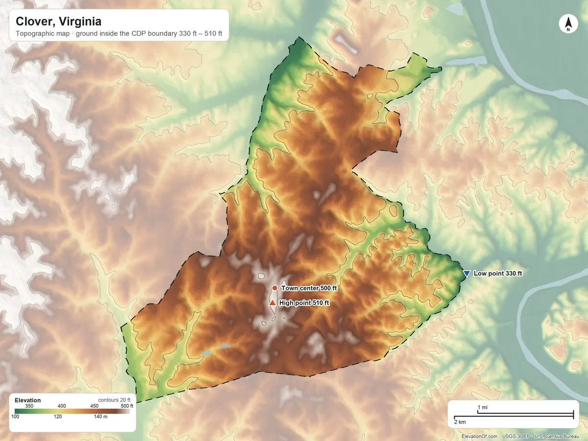 Topographic elevation map of Clover, Virginia, shaded from 330 ft on the east side to 510 ft near the middle
