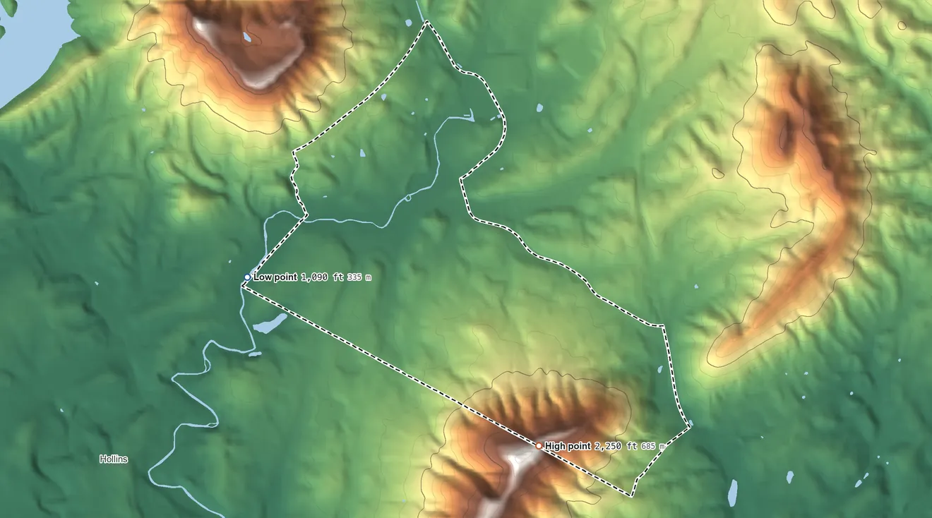 Topographic elevation map of Cloverdale, Virginia, shaded from 1,090 ft on the west side to 2,250 ft on the southeast edge, below higher ground just outside