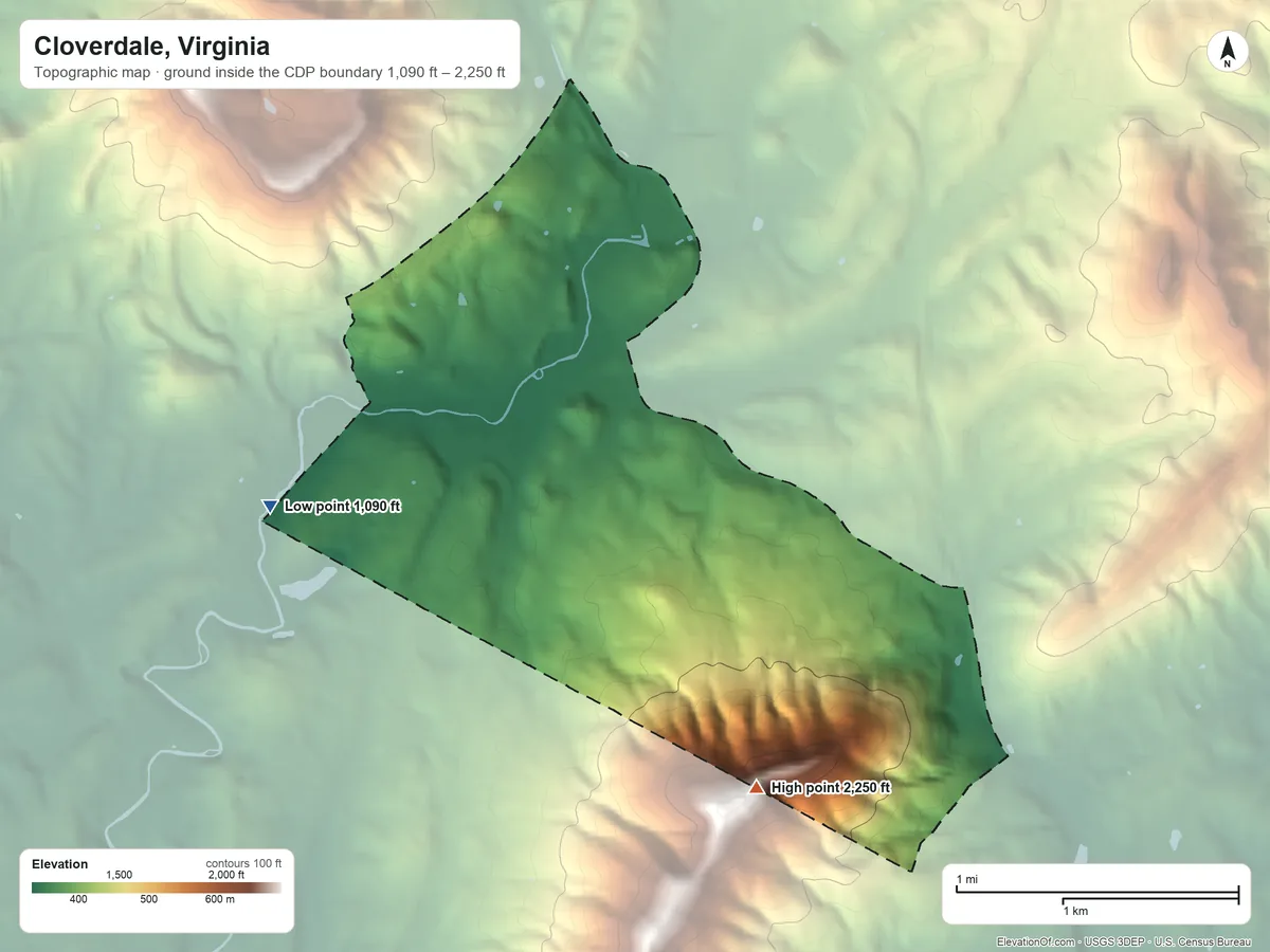 Topographic elevation map of Cloverdale, Virginia, shaded from 1,090 ft on the west side to 2,250 ft on the southeast edge, below higher ground just outside