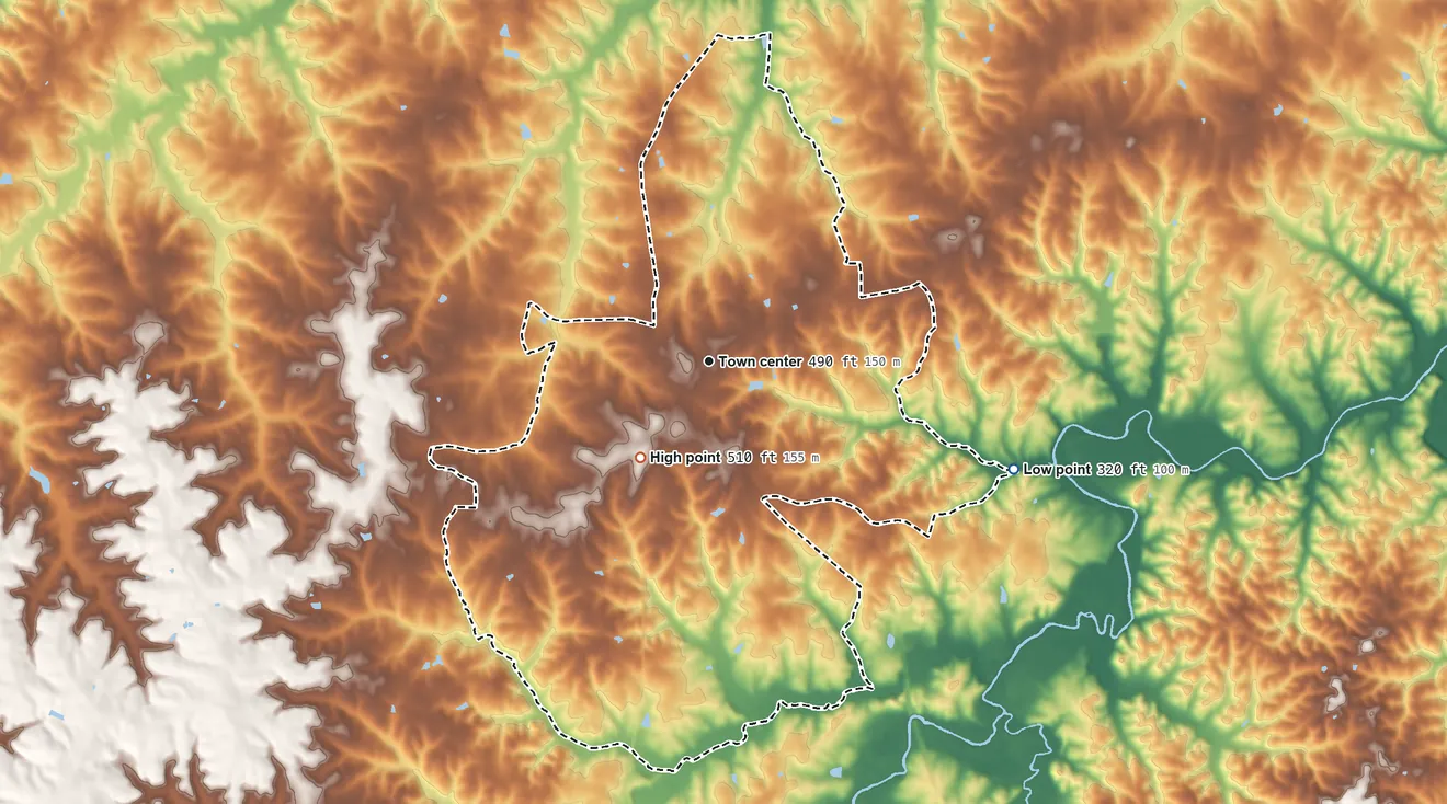 Topographic elevation map of Cluster Springs, Virginia, shaded from 320 ft on the east side to 510 ft on the southwest side