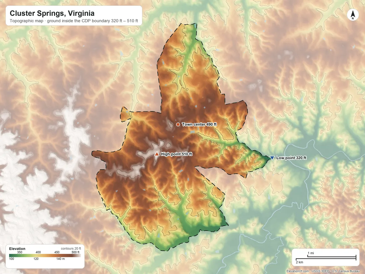 Topographic elevation map of Cluster Springs, Virginia, shaded from 320 ft on the east side to 510 ft on the southwest side