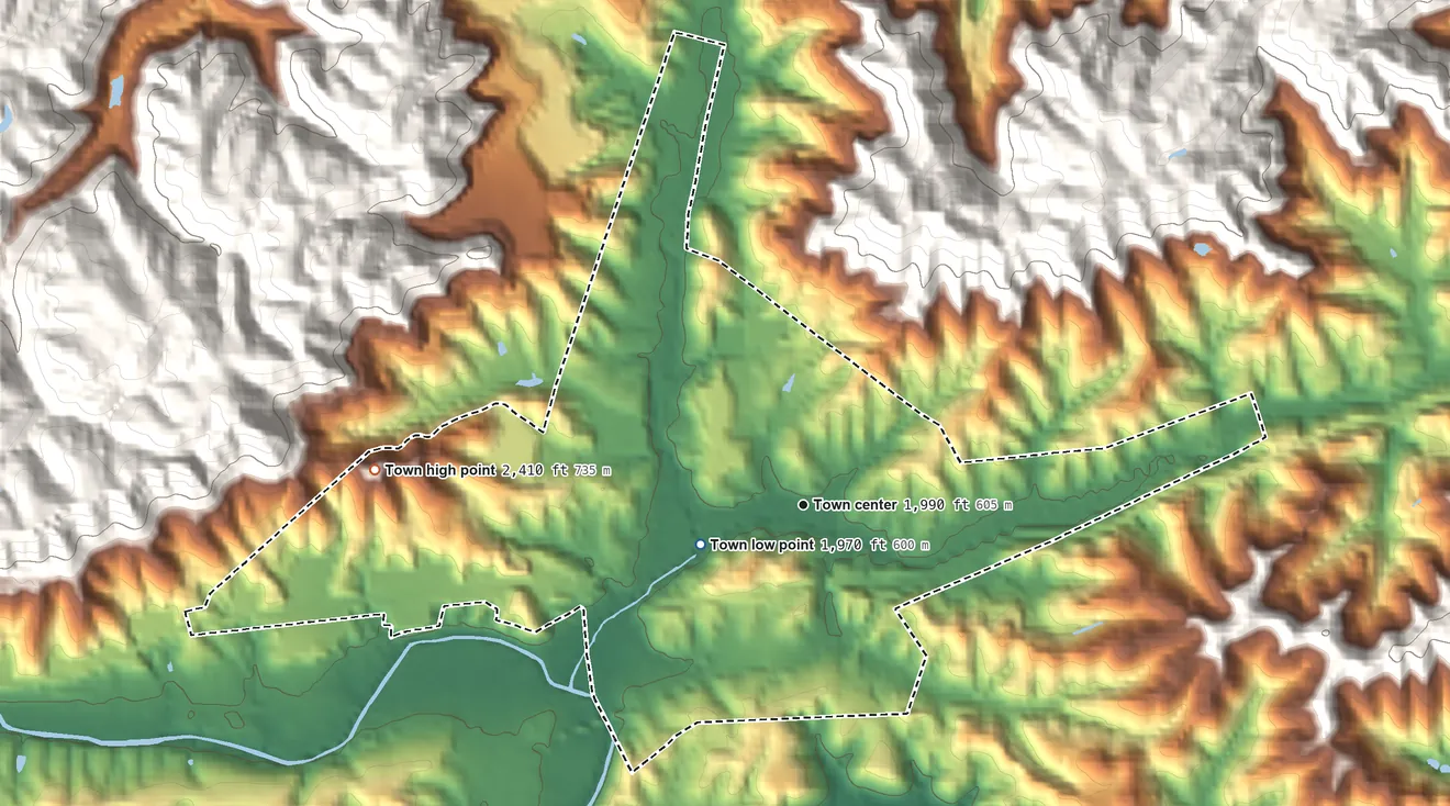Topographic elevation map of Coeburn, Virginia, shaded from 1,970 ft near the middle to 2,410 ft on the west edge, below higher ground just outside