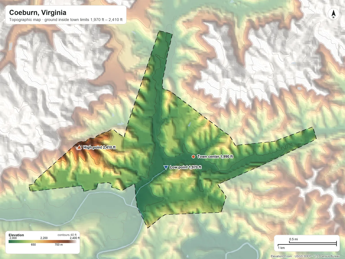 Topographic elevation map of Coeburn, Virginia, shaded from 1,970 ft near the middle to 2,410 ft on the west edge, below higher ground just outside