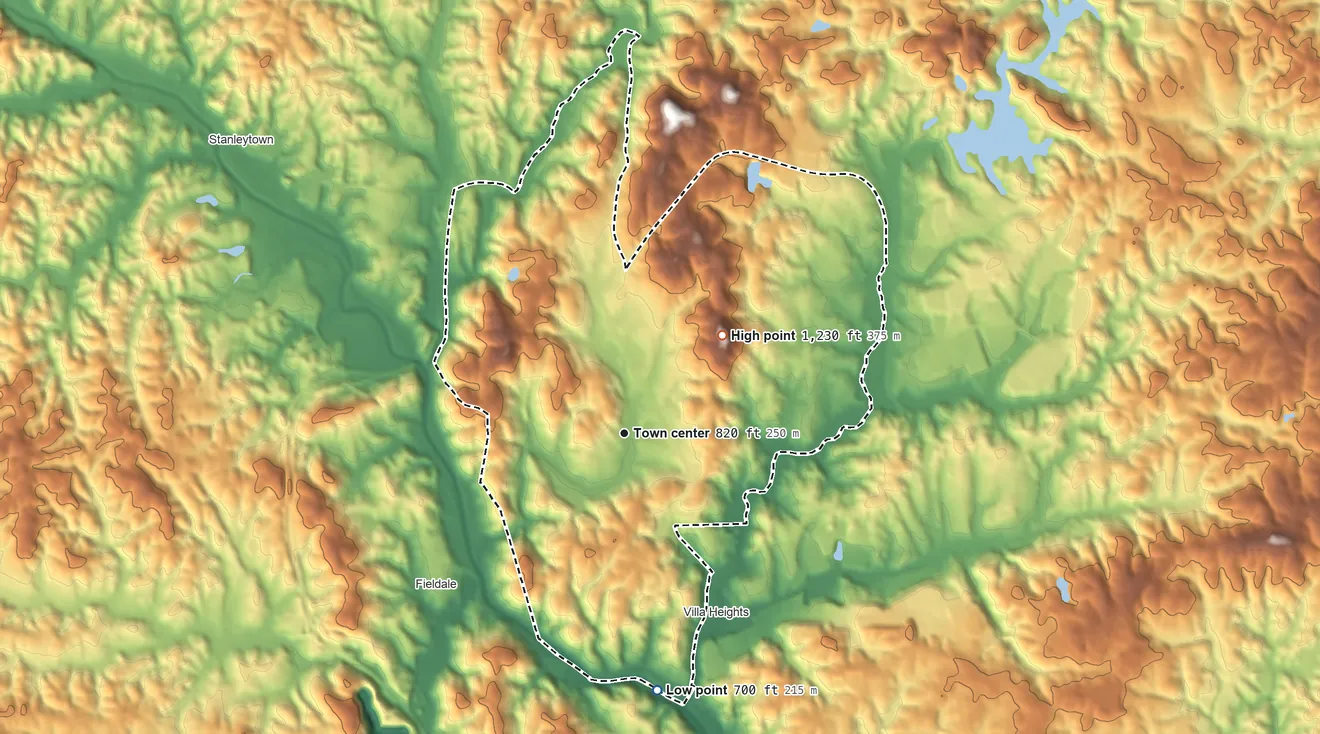 Topographic elevation map of Collinsville, Virginia, shaded from 700 ft on the south side to 1,230 ft on the northeast side