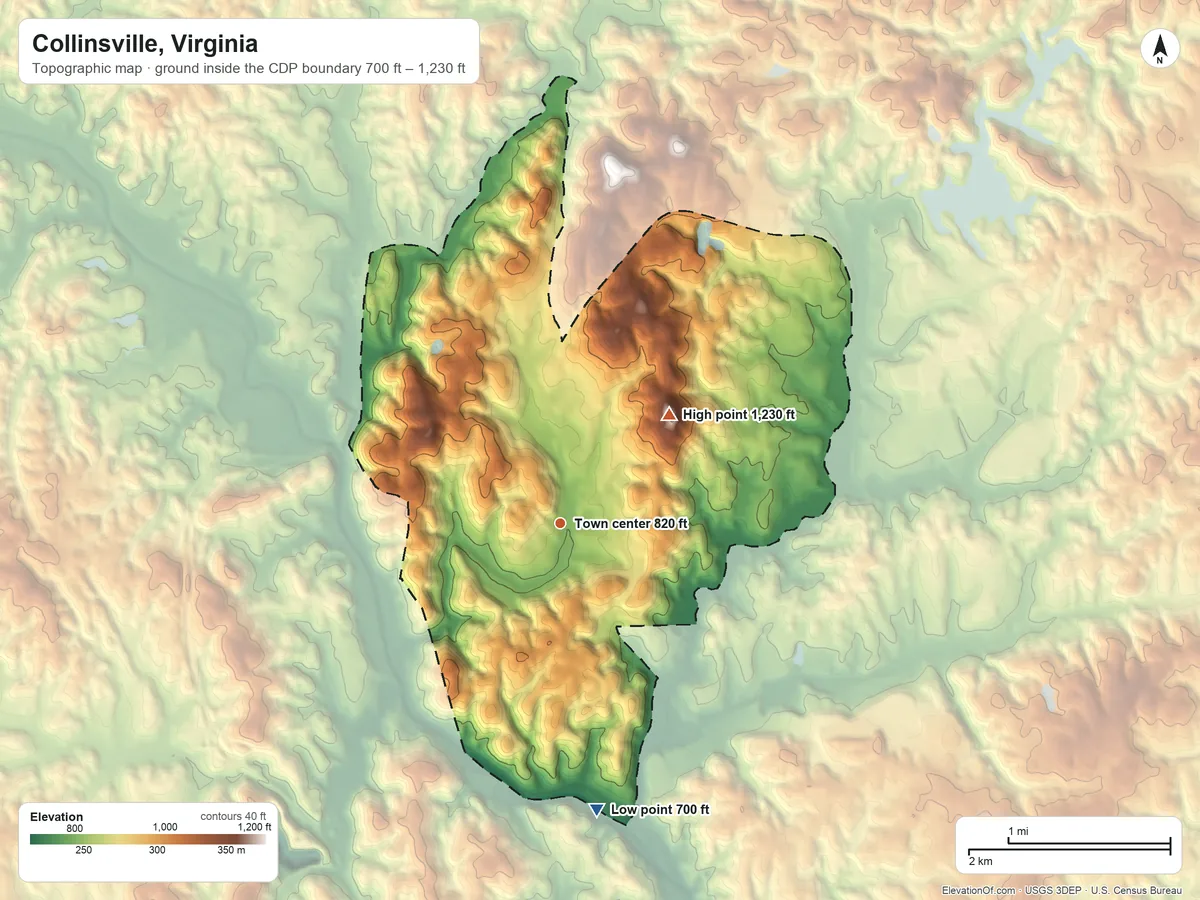 Topographic elevation map of Collinsville, Virginia, shaded from 700 ft on the south side to 1,230 ft on the northeast side