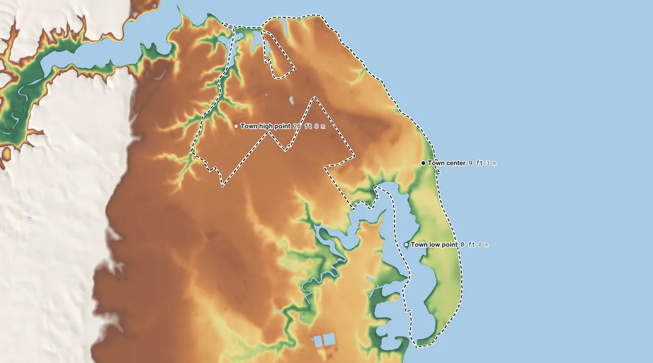 Topographic elevation map of Colonial Beach, Virginia, shaded from 0 ft on the south side to 26 ft on the west side