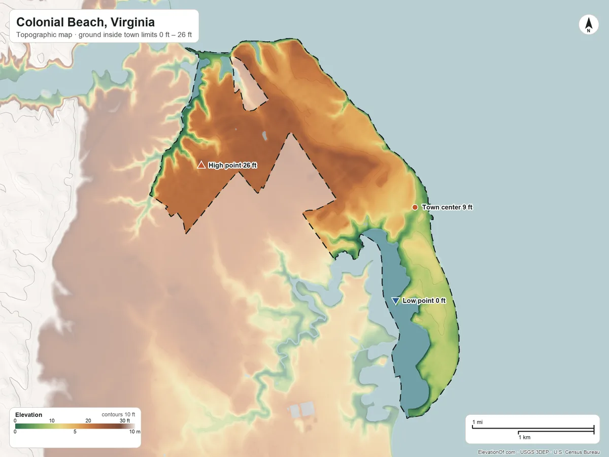 Topographic elevation map of Colonial Beach, Virginia, shaded from 0 ft on the south side to 26 ft on the west side