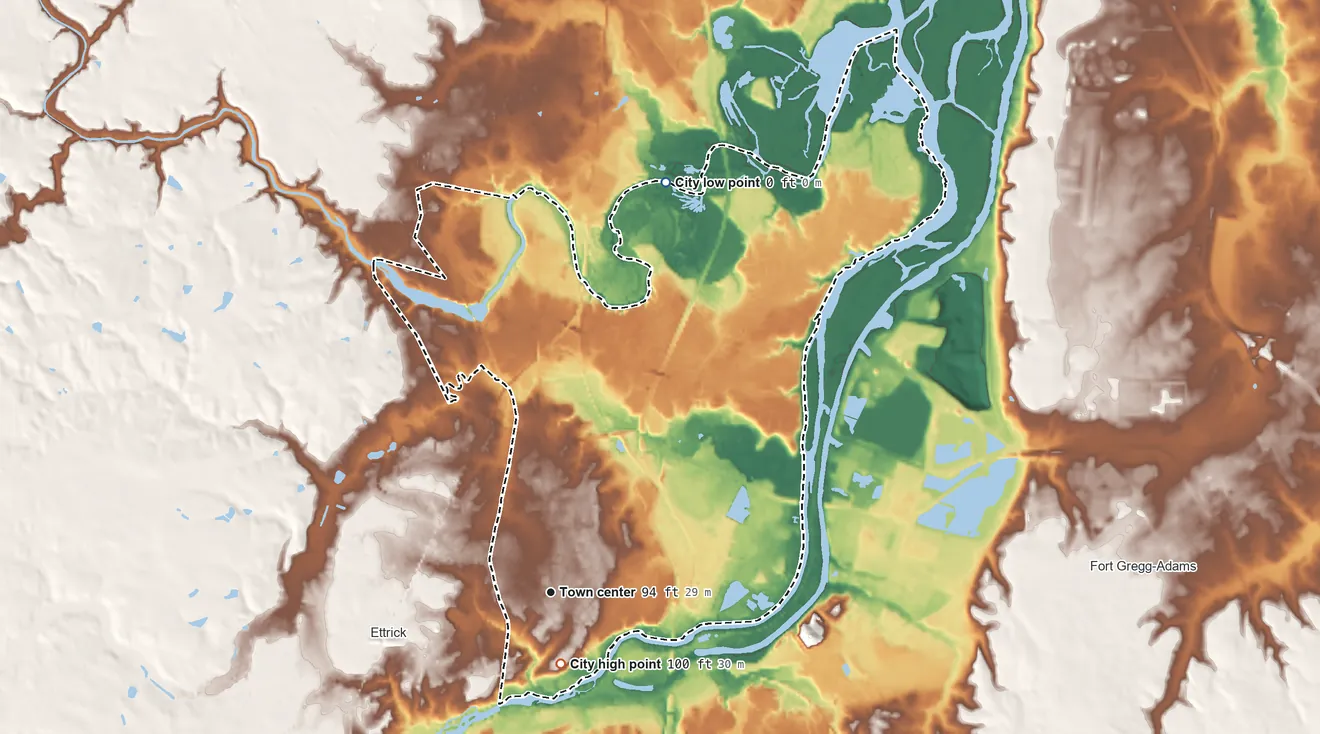 Topographic elevation map of Colonial Heights, Virginia, shaded from 0 ft on the north side to 100 ft near the middle