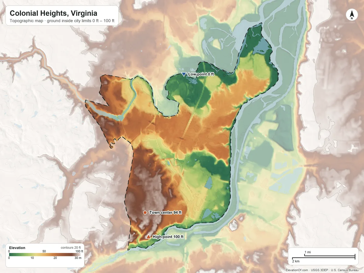 Topographic elevation map of Colonial Heights, Virginia, shaded from 0 ft on the north side to 100 ft near the middle