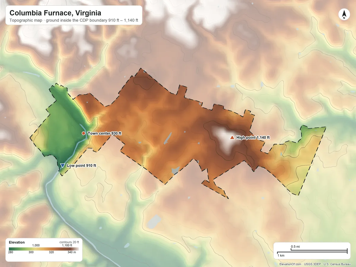 Topographic elevation map of Columbia Furnace, Virginia, shaded from 910 ft on the southwest side to 1,140 ft on the east side