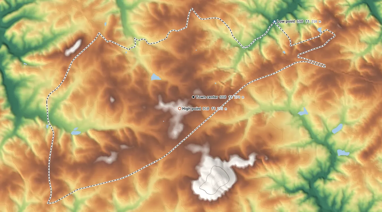 Topographic elevation map of Concord, Virginia, shaded from 690 ft on the northeast side to 910 ft near the middle