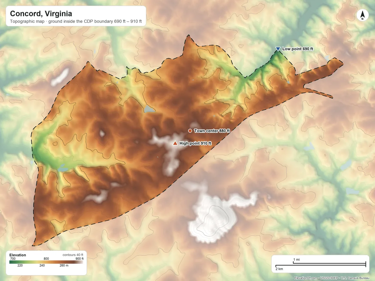 Topographic elevation map of Concord, Virginia, shaded from 690 ft on the northeast side to 910 ft near the middle