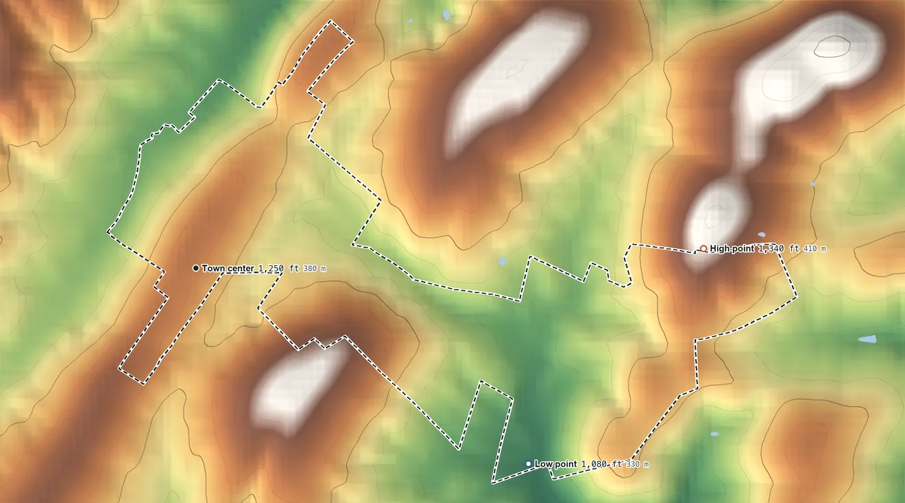 Topographic elevation map of Conicville, Virginia, shaded from 1,080 ft on the southeast side to 1,340 ft on the east side