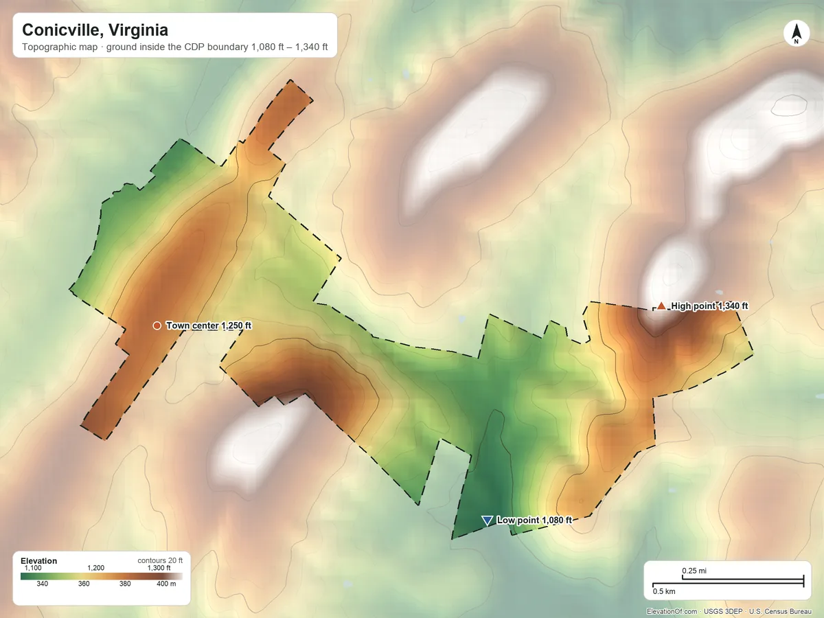 Topographic elevation map of Conicville, Virginia, shaded from 1,080 ft on the southeast side to 1,340 ft on the east side