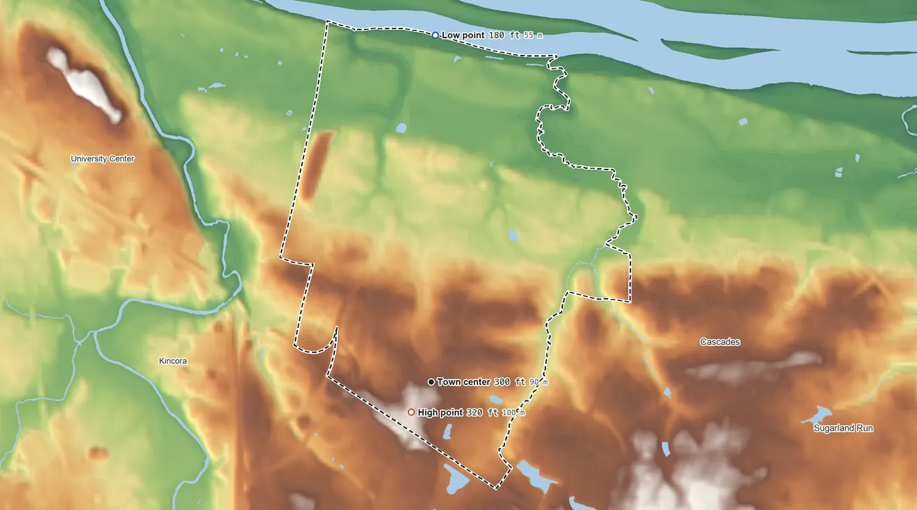 Topographic elevation map of Countryside, Virginia, shaded from 180 ft on the north side to 320 ft near the middle
