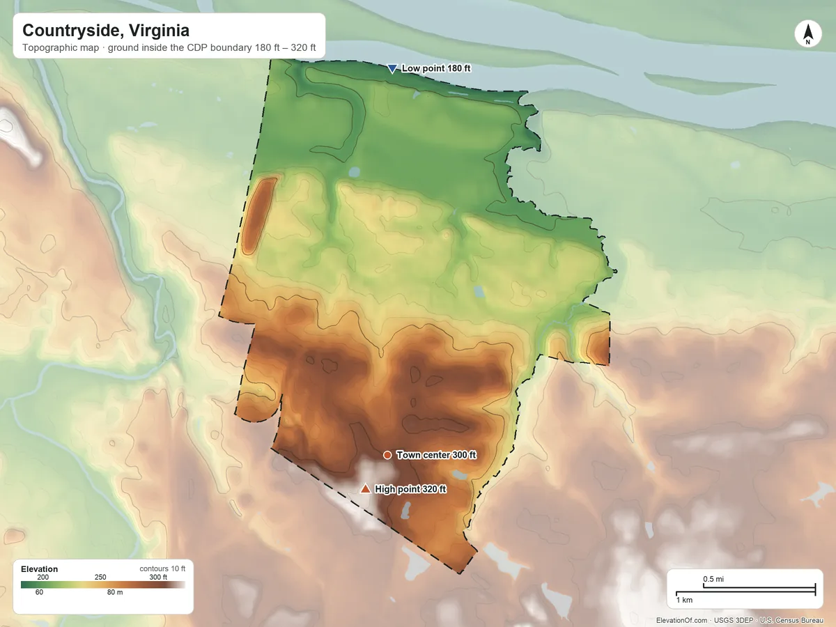 Topographic elevation map of Countryside, Virginia, shaded from 180 ft on the north side to 320 ft near the middle