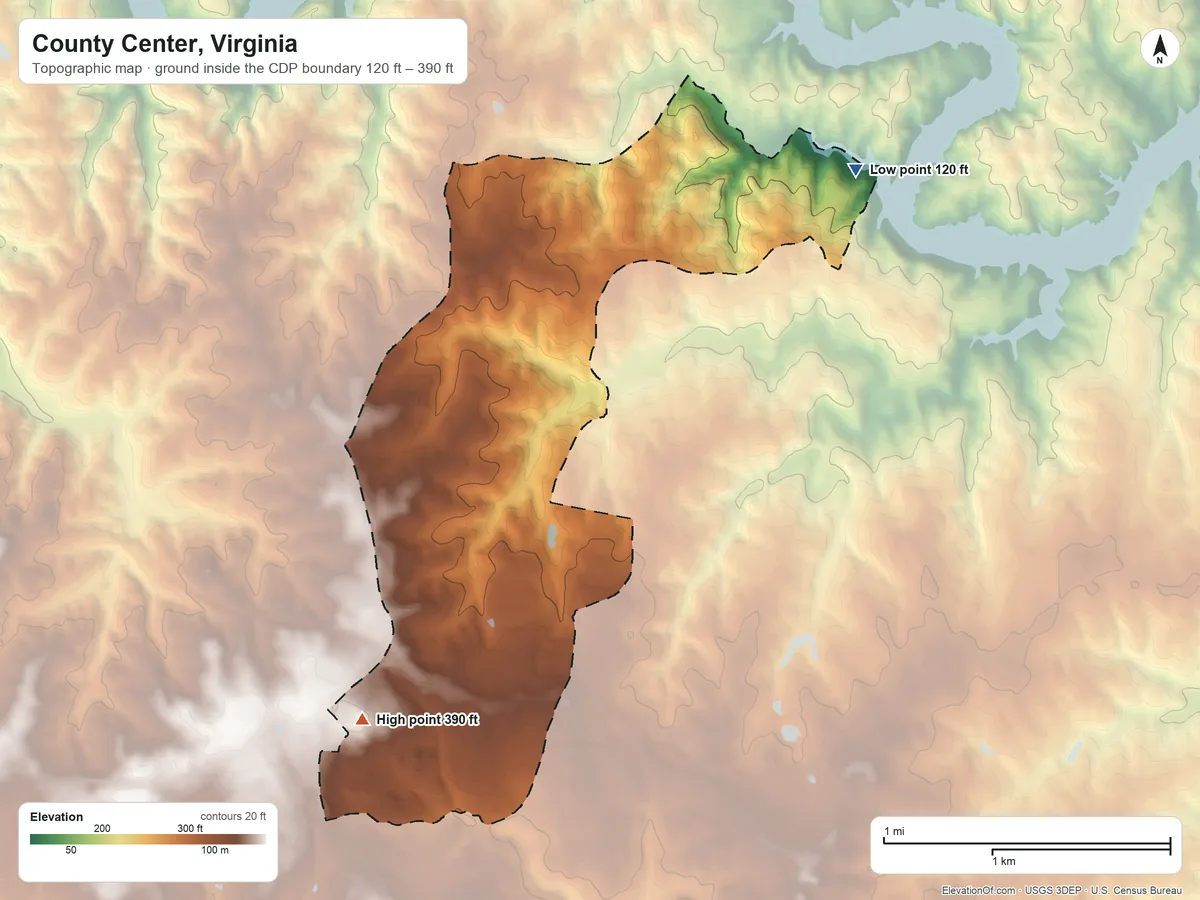 Topographic elevation map of County Center, Virginia, shaded from 120 ft on the northeast side to 390 ft on the southwest side