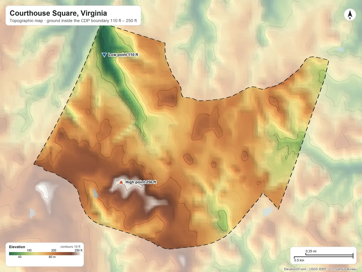 Topographic elevation map of Courthouse Square, Virginia, shaded from 110 ft on the northwest side to 250 ft on the south side
