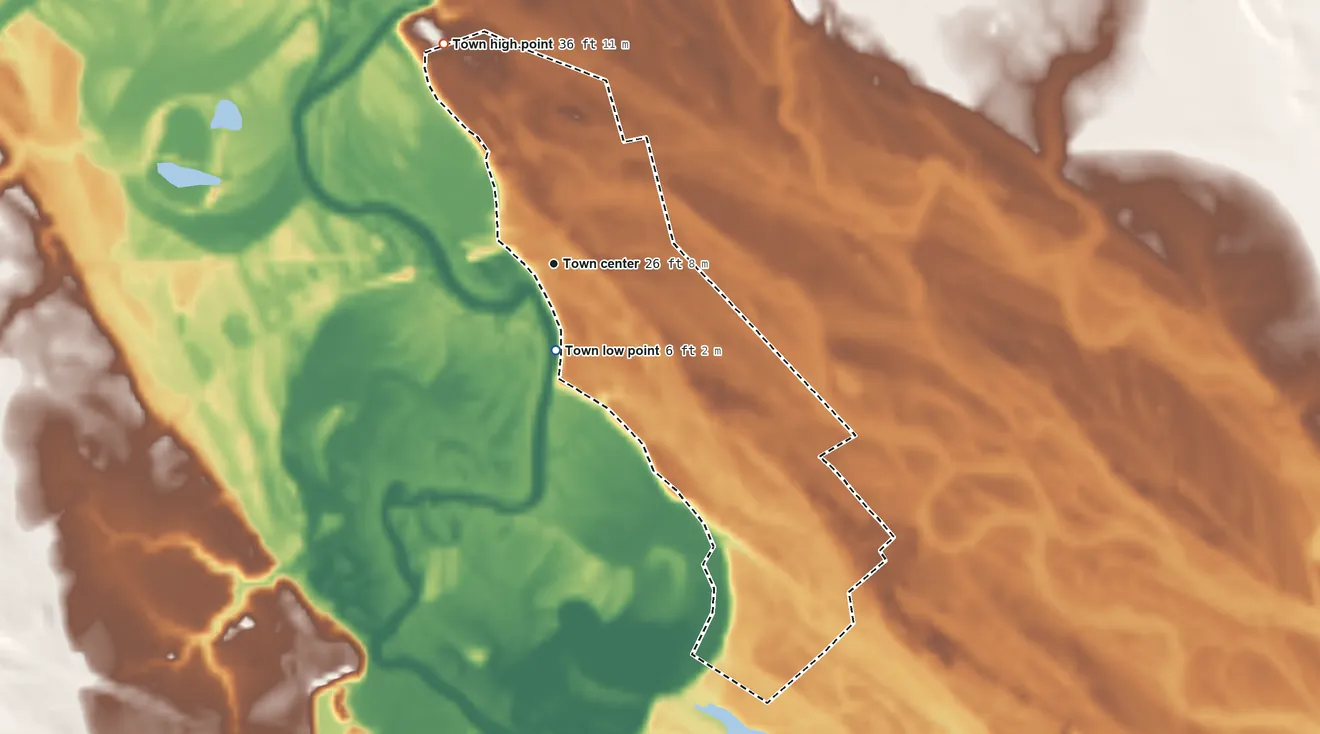 Topographic elevation map of Courtland, Virginia, shaded from 6 ft on the south side to 36 ft on the northwest side