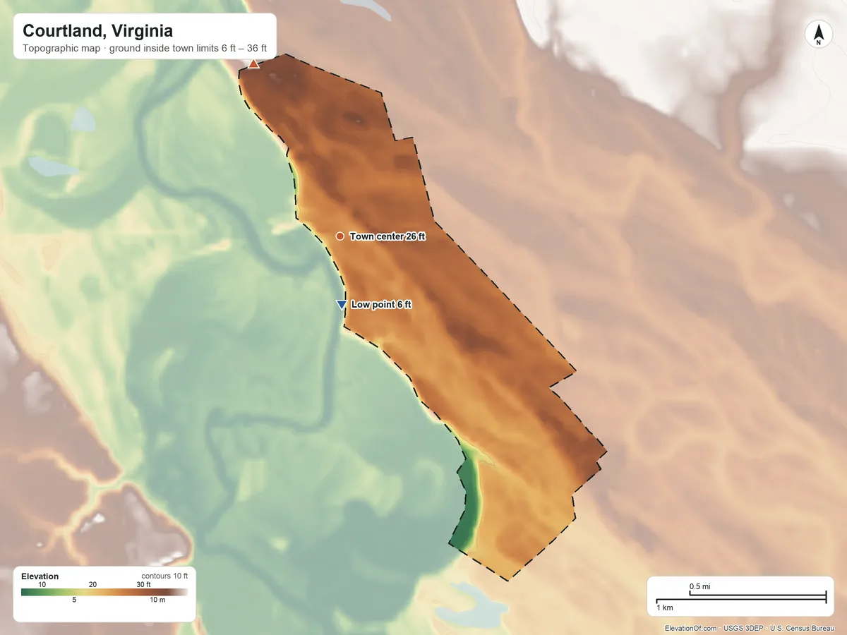 Topographic elevation map of Courtland, Virginia, shaded from 6 ft on the south side to 36 ft on the northwest side
