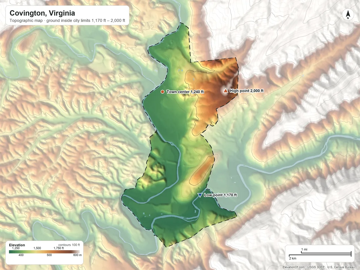 Topographic elevation map of Covington, Virginia, shaded from 1,170 ft on the south side to 2,000 ft at the foot of the Little Mountain