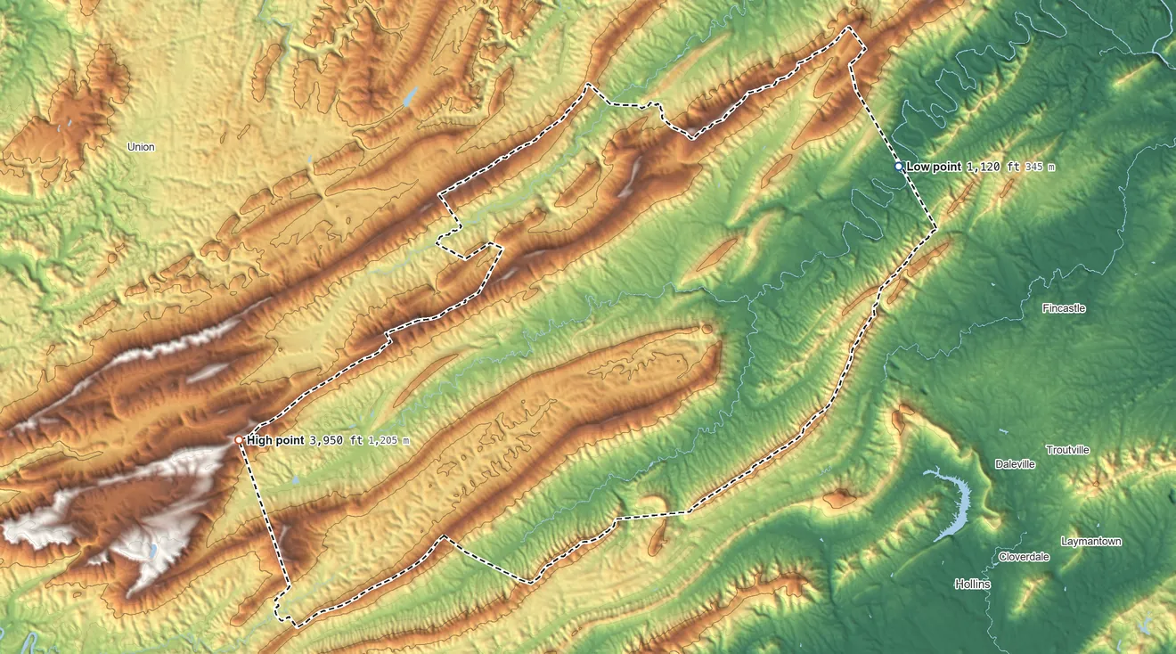 Topographic elevation map of Craig County, Virginia, shaded from 1,120 ft on the northeast side to 3,950 ft on the west side