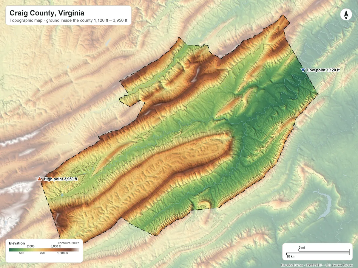 Topographic elevation map of Craig County, Virginia, shaded from 1,120 ft on the northeast side to 3,950 ft on the west side