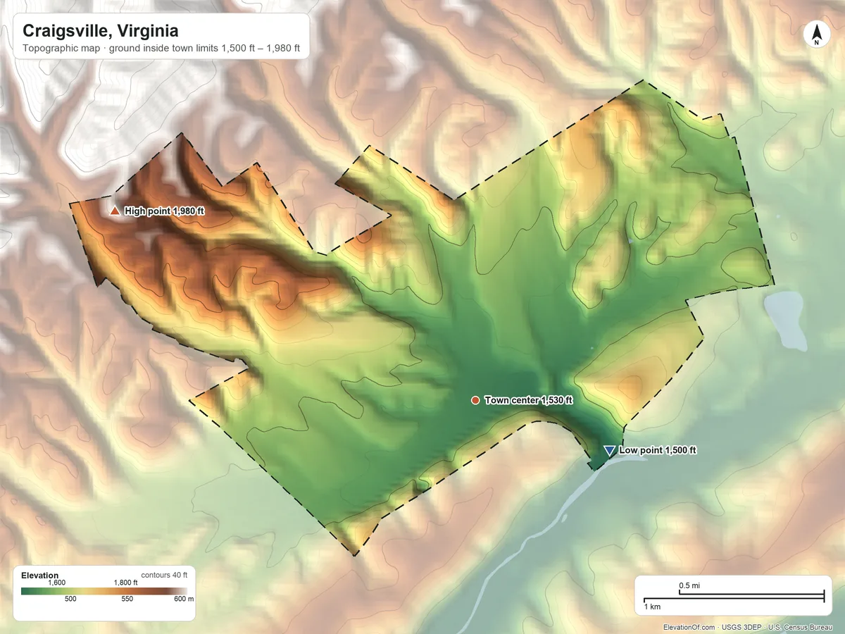 Topographic elevation map of Craigsville, Virginia, shaded from 1,500 ft on the east side to 1,980 ft on the northwest edge, below higher ground just outside