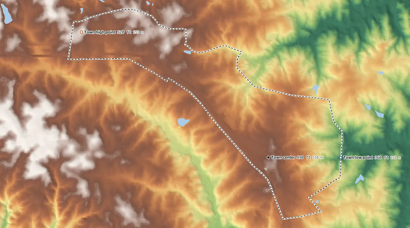 Topographic elevation map of Crewe, Virginia, shaded from 360 ft on the east side to 520 ft on the northwest side