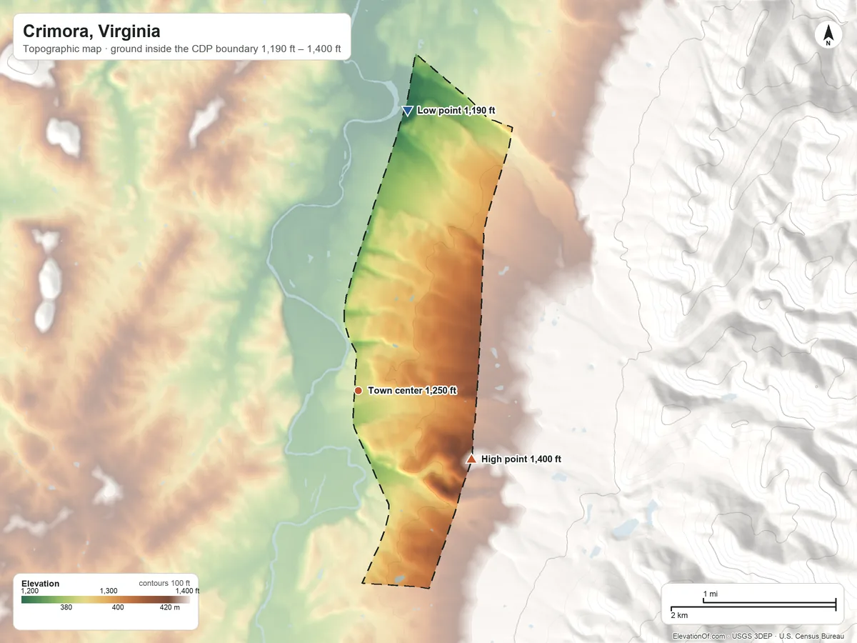 Topographic elevation map of Crimora, Virginia, shaded from 1,190 ft on the north side to 1,400 ft on the southeast edge, below higher ground just outside
