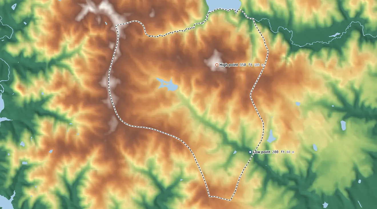 Topographic elevation map of Crosspointe, Virginia, shaded from 200 ft on the southeast side to 350 ft on the northeast side