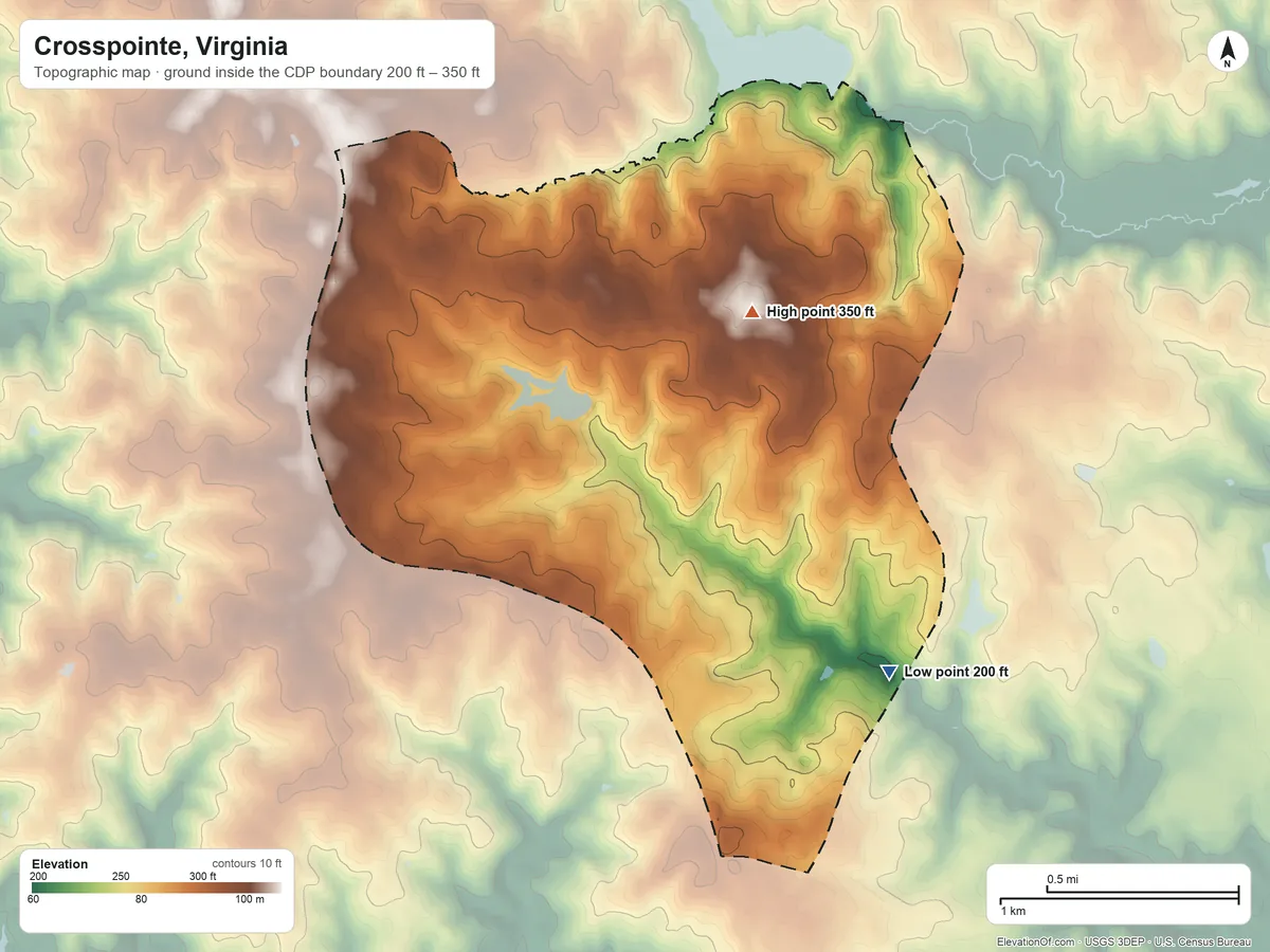 Topographic elevation map of Crosspointe, Virginia, shaded from 200 ft on the southeast side to 350 ft on the northeast side