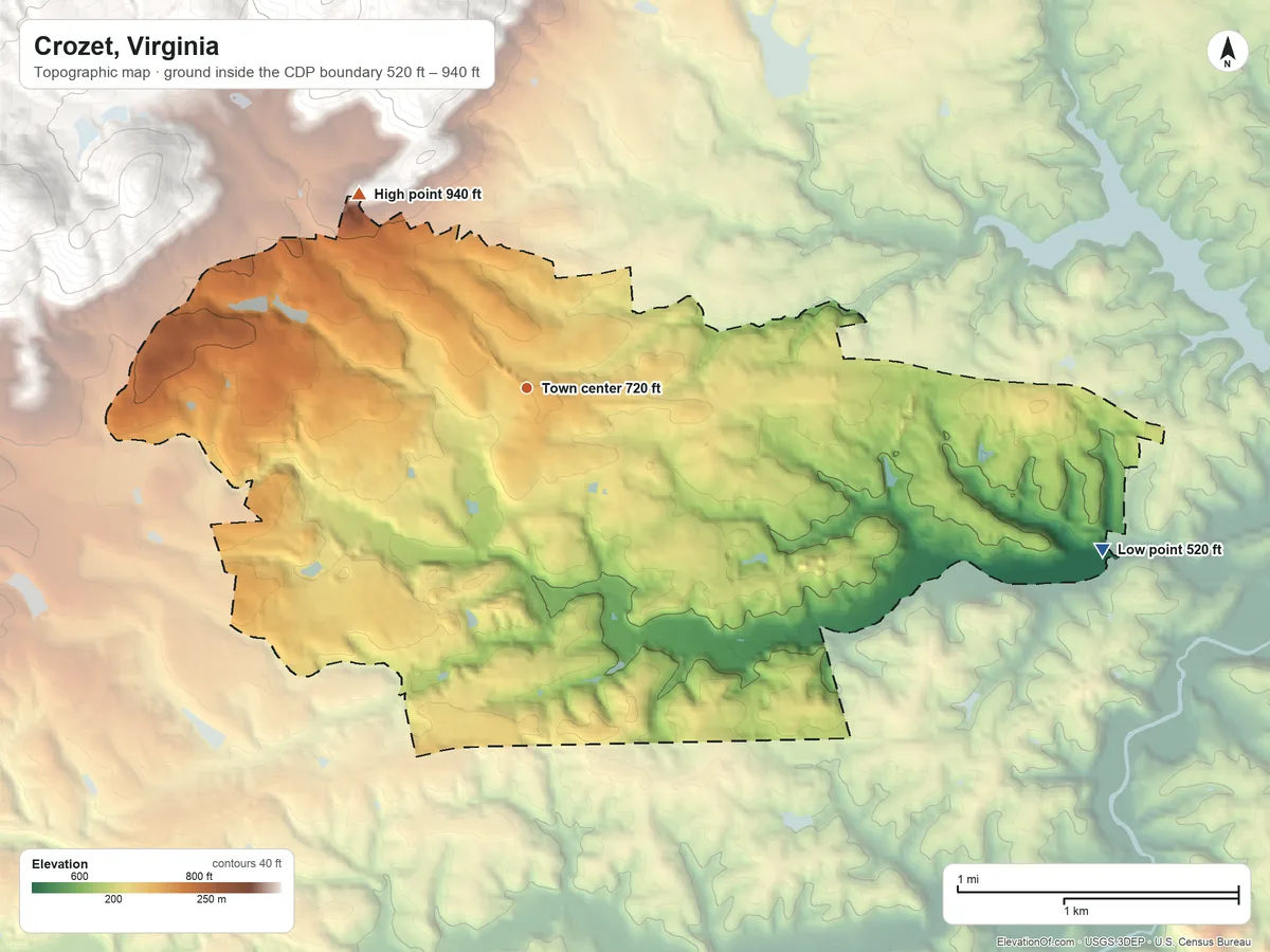 Topographic elevation map of Crozet, Virginia, shaded from 520 ft on the east side to 940 ft at the foot of the Ragged Mountains
