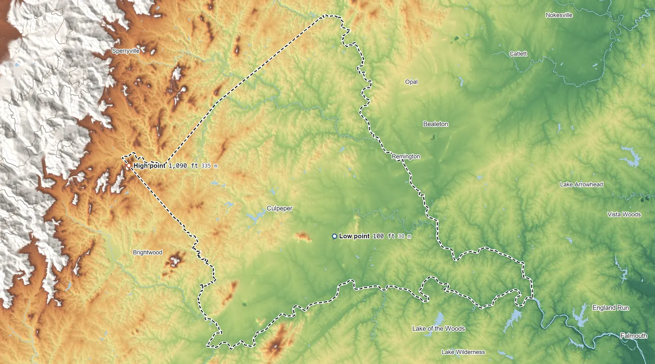Topographic elevation map of Culpeper County, Virginia, shaded from 100 ft on the south side to 1,090 ft on the west side
