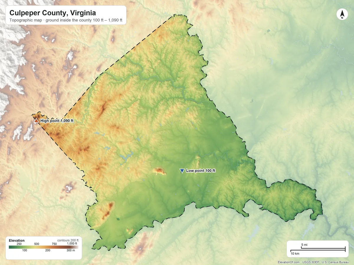 Topographic elevation map of Culpeper County, Virginia, shaded from 100 ft on the south side to 1,090 ft on the west side