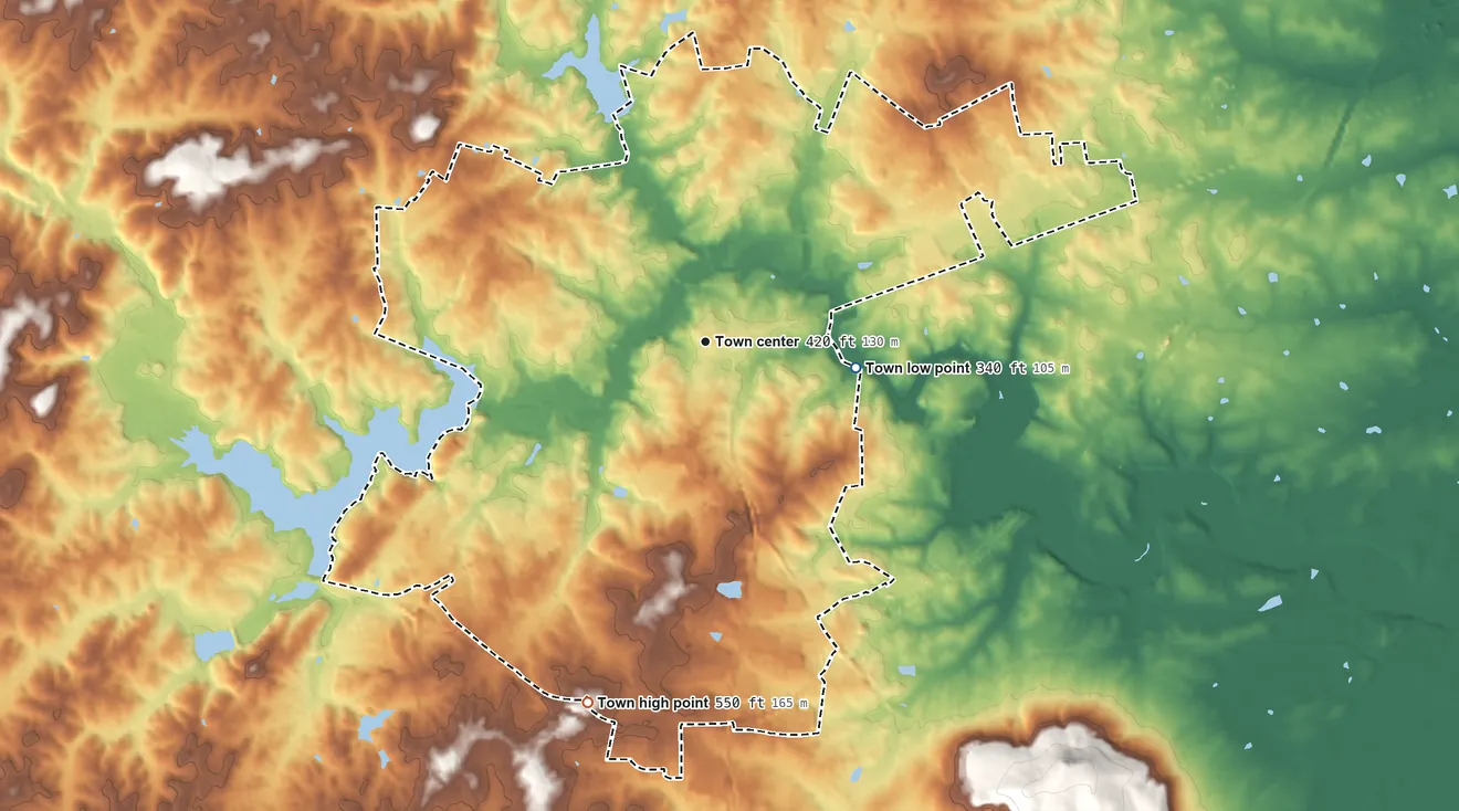 Topographic elevation map of Culpeper, Virginia, shaded from 340 ft on the east side to 550 ft on the south side