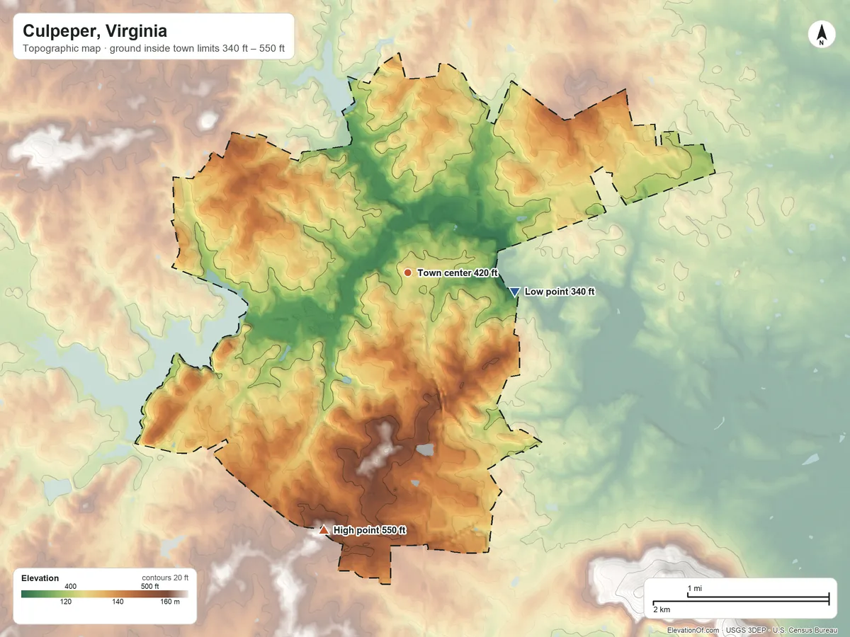 Topographic elevation map of Culpeper, Virginia, shaded from 340 ft on the east side to 550 ft on the south side