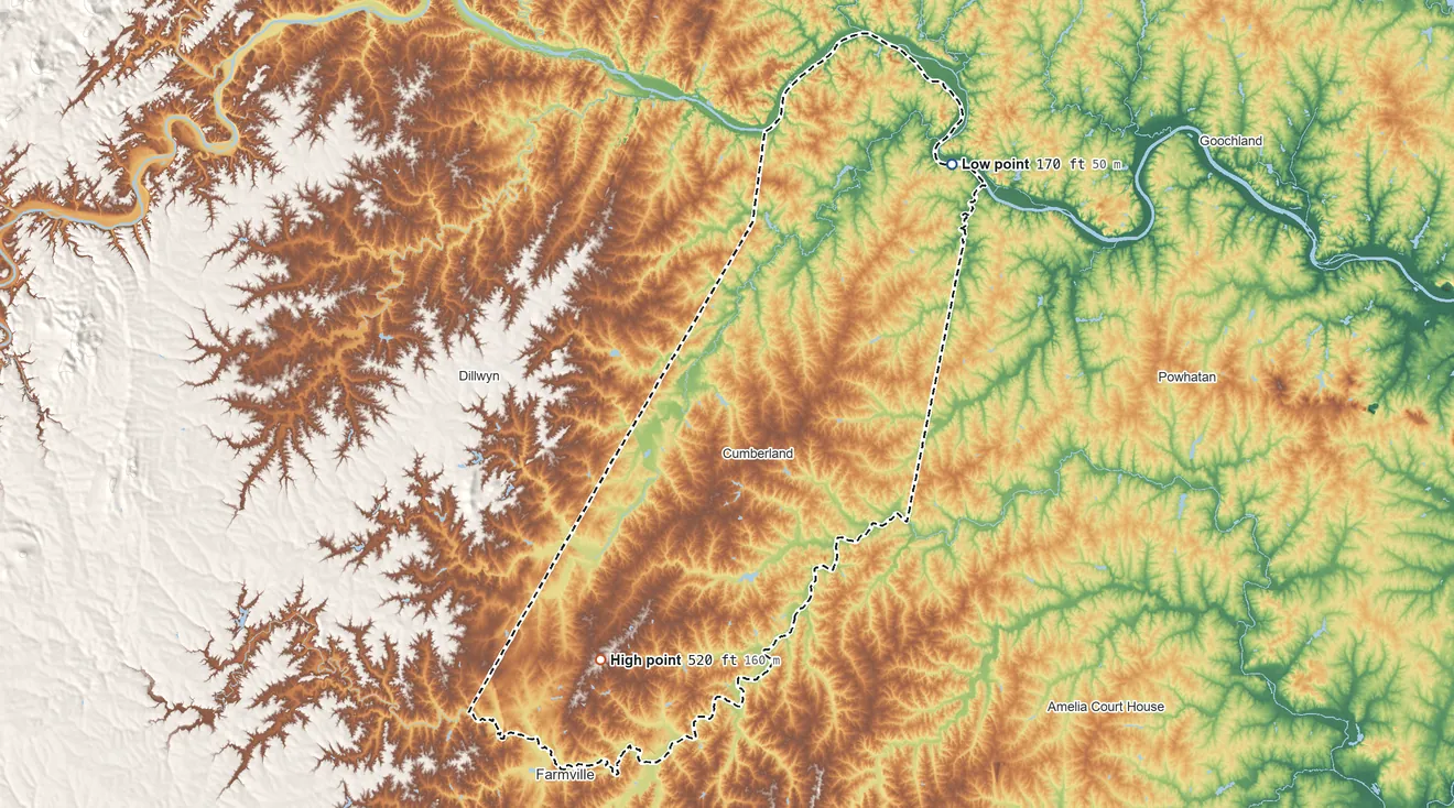 Topographic elevation map of Cumberland County, Virginia, shaded from 170 ft on the northeast side to 520 ft on the southwest side