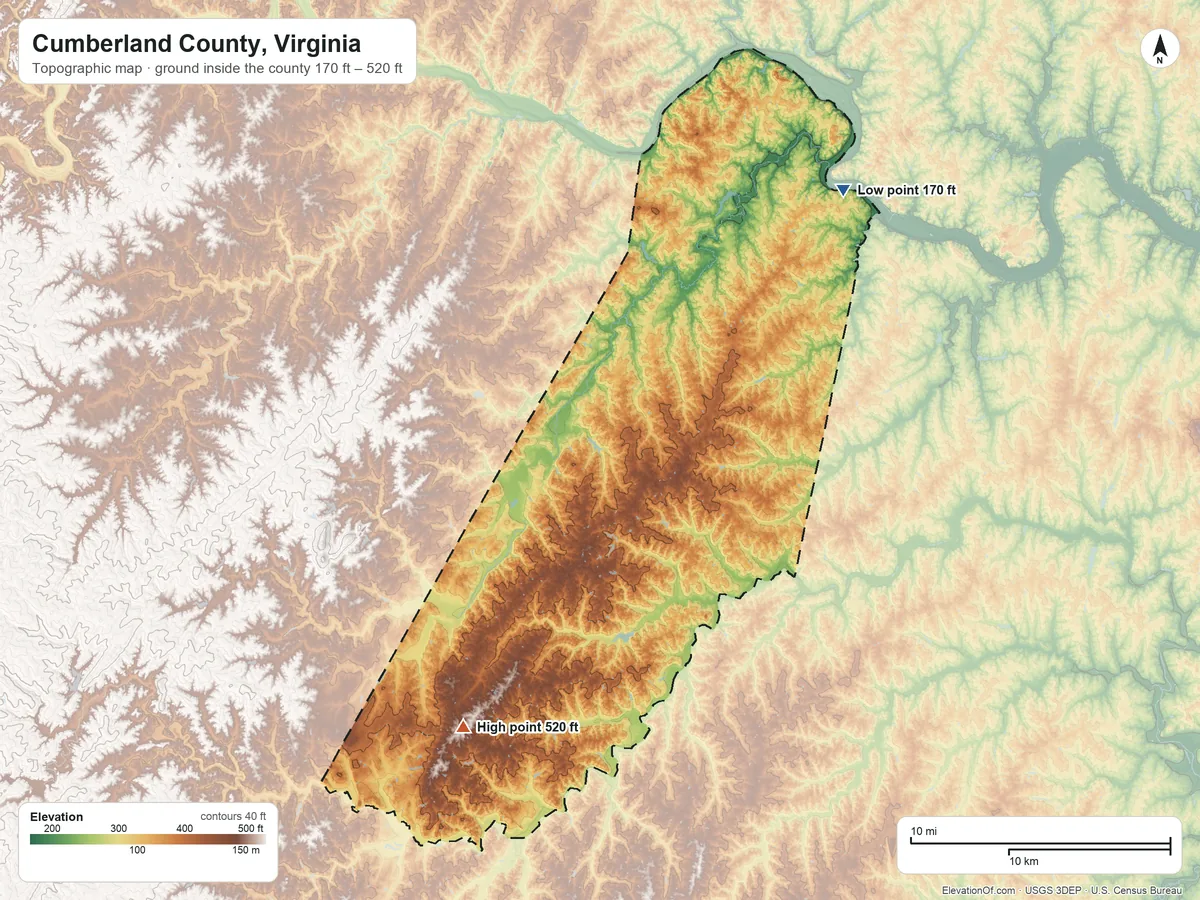 Topographic elevation map of Cumberland County, Virginia, shaded from 170 ft on the northeast side to 520 ft on the southwest side