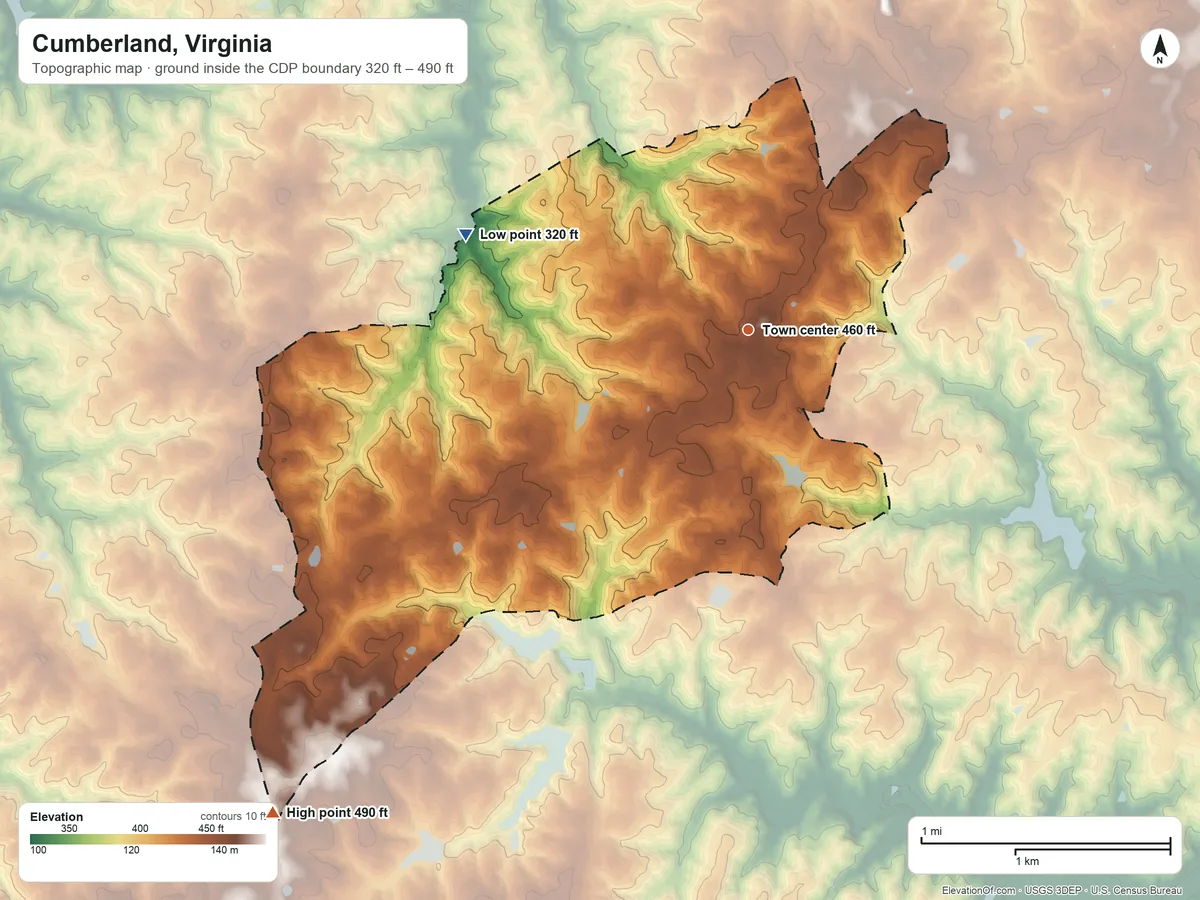 Topographic elevation map of Cumberland, Virginia, shaded from 320 ft on the west side to 490 ft on the southwest side