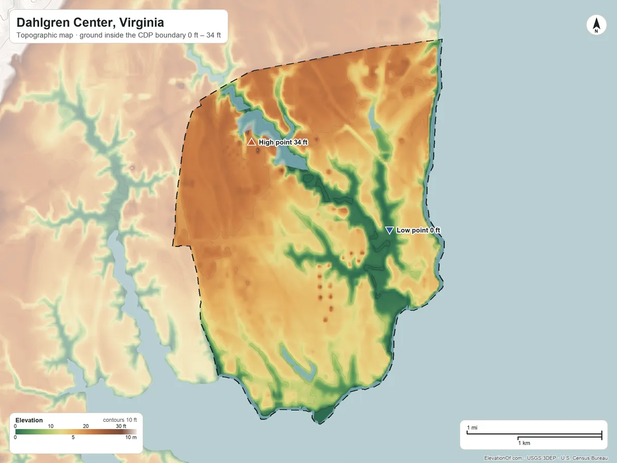 Topographic elevation map of Dahlgren Center, Virginia, shaded from 0 ft on the northeast side to 34 ft on the north side