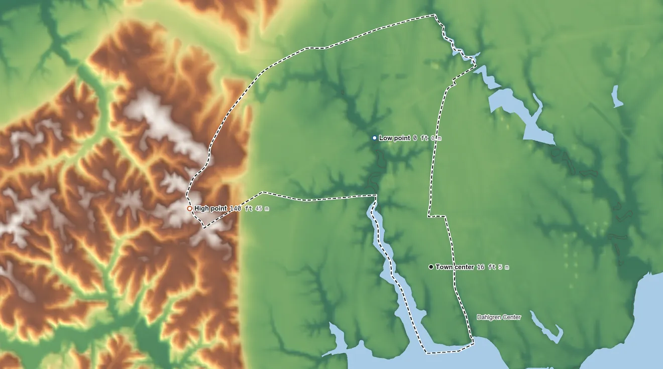 Topographic elevation map of Dahlgren, Virginia, shaded from 0 ft on the northwest side to 140 ft on the west side