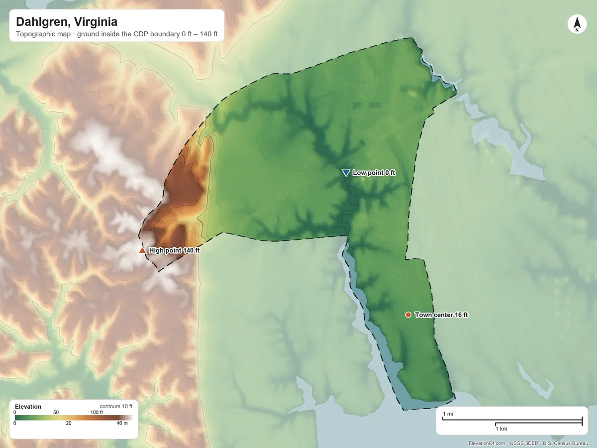 Topographic elevation map of Dahlgren, Virginia, shaded from 0 ft on the northwest side to 140 ft on the west side