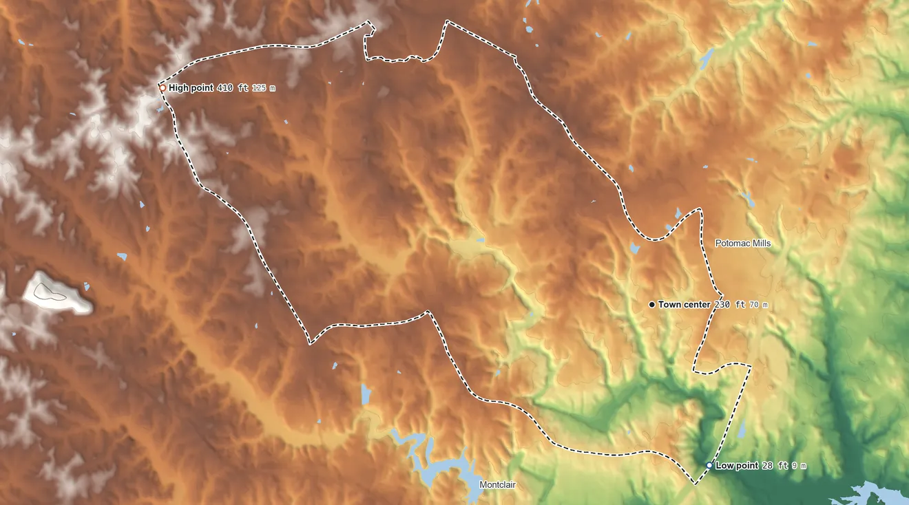 Topographic elevation map of Dale City, Virginia, shaded from 28 ft on the south side to 410 ft on the northwest side