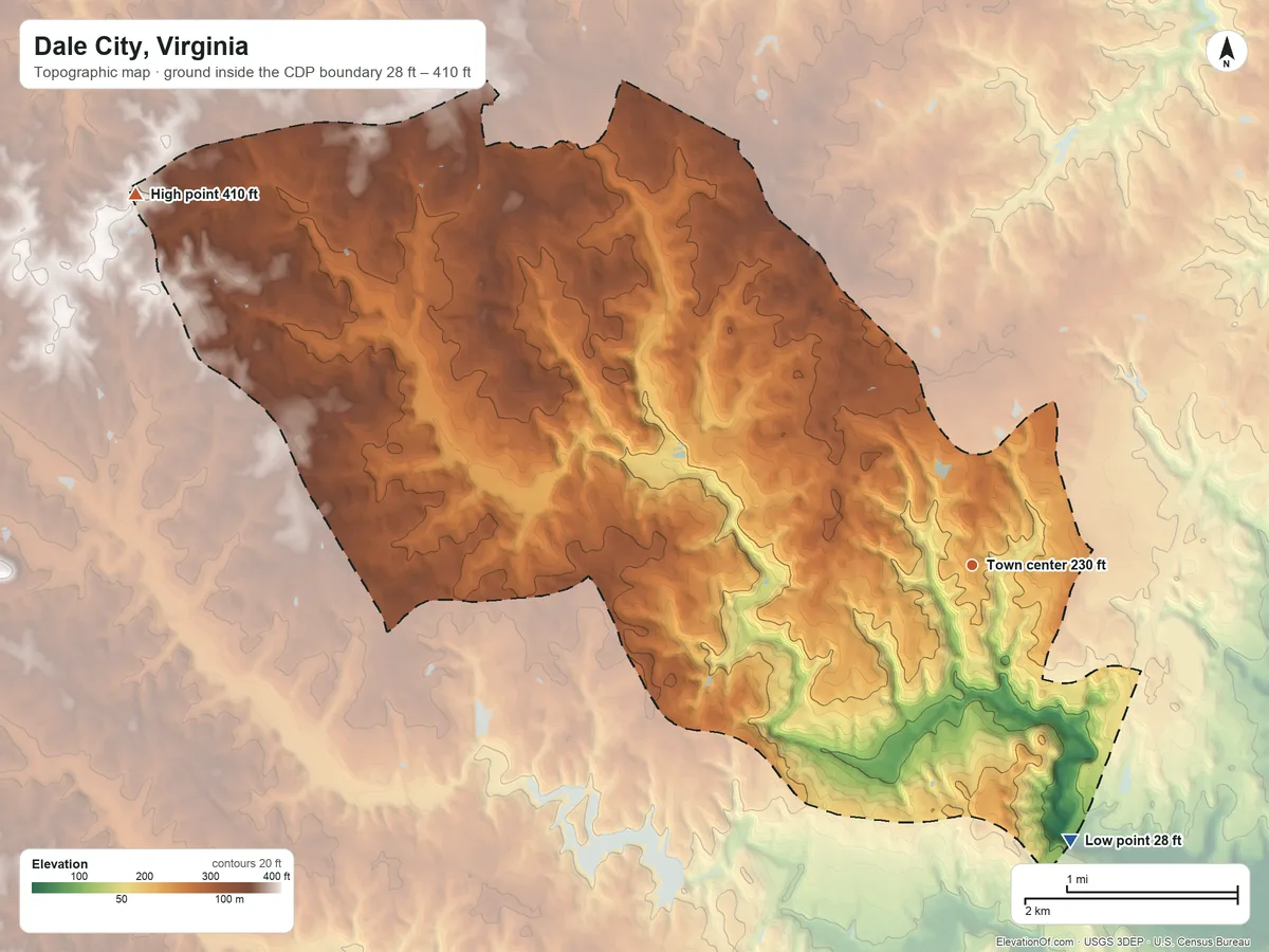 Topographic elevation map of Dale City, Virginia, shaded from 28 ft on the south side to 410 ft on the northwest side