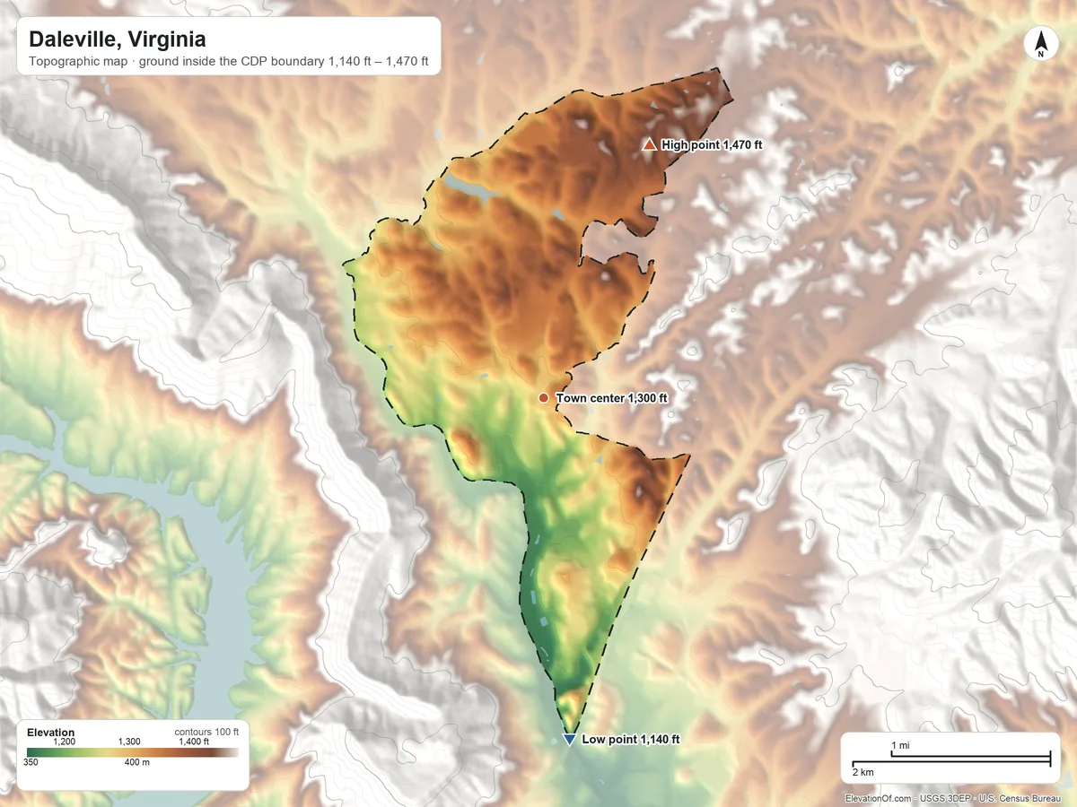 Topographic elevation map of Daleville, Virginia, shaded from 1,140 ft on the south side to 1,470 ft on the northeast side
