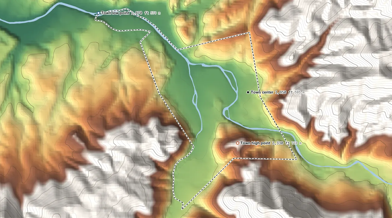 Topographic elevation map of Damascus, Virginia, shaded from 1,870 ft on the northwest side to 2,330 ft at the foot of the Iron Mountains