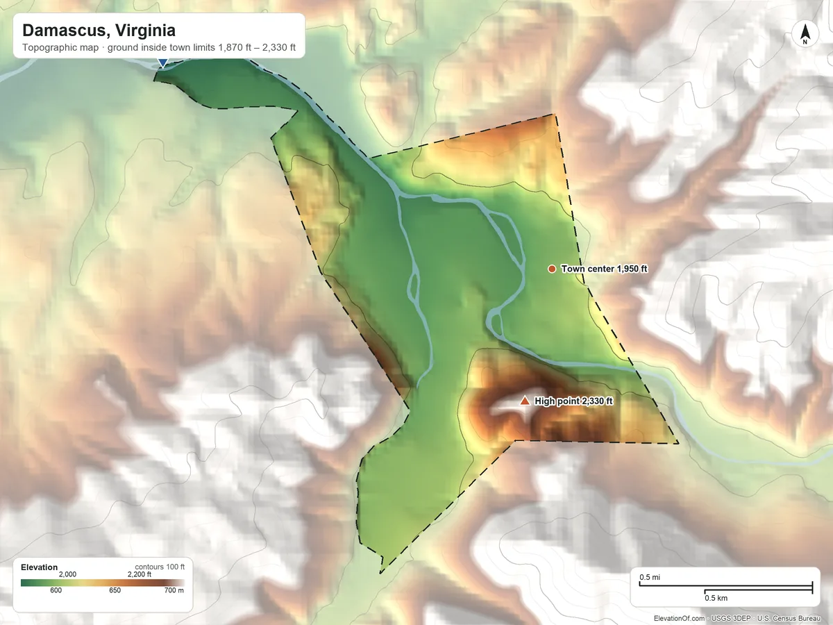 Topographic elevation map of Damascus, Virginia, shaded from 1,870 ft on the northwest side to 2,330 ft at the foot of the Iron Mountains