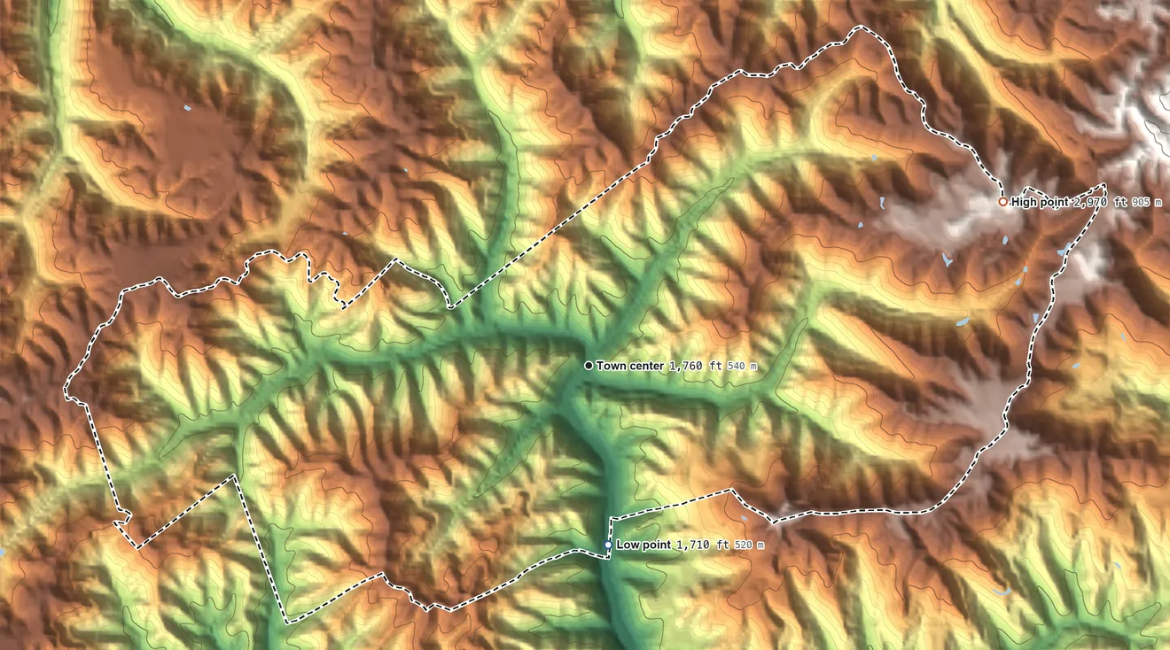 Topographic elevation map of Dante, Virginia, shaded from 1,710 ft on the south side to 2,970 ft on the east side